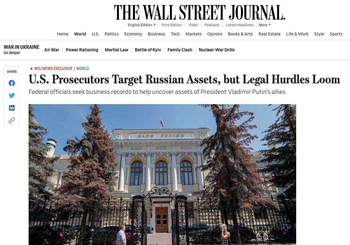 В США ищут способы найти и конфисковать активы российских бизнесменов, - The Wall Street Journal