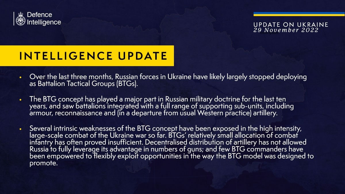 За последние три месяца российские войска в Украине, вероятно, практически прекратили развертывание в виде батальонных тактических групп (БТГ), - британская разведка