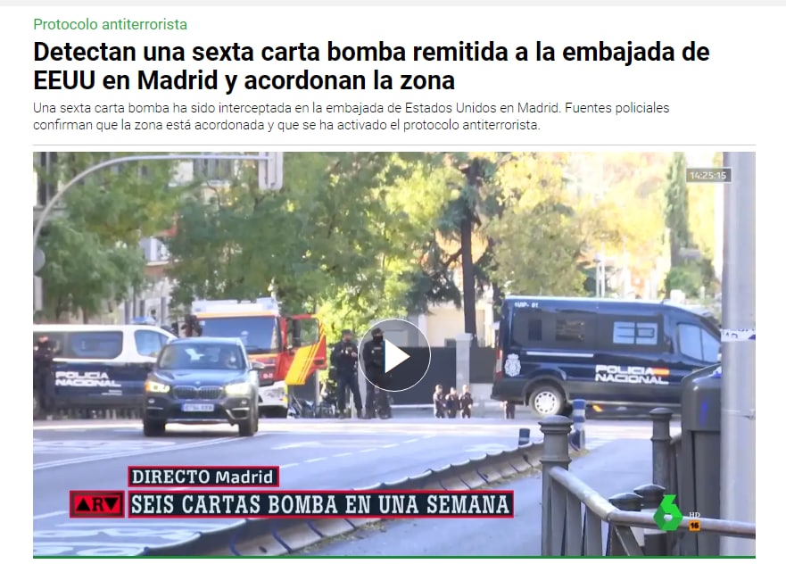В посольстве США в Мадриде обнаружена посылка со взрывным устройством, территория у посольства оцеплена, — la Sexta