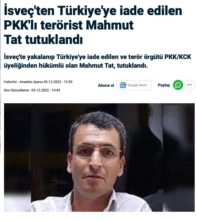 Швеция впервые выдала Турции члена «Рабочей партии Курдистана» в рамках соглашения о вступлении в НАТО