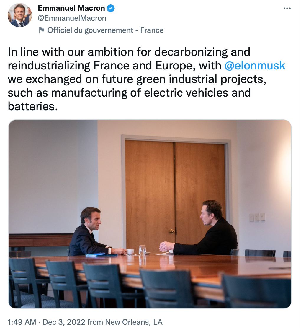 Президент Франции встретился с американским бизнесменом Илоном Маском, - об этом Эммануэль Макрон рассказал в своем Твиттере