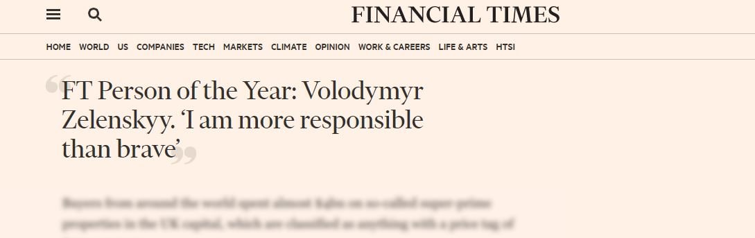 Владимир Зеленский стал человеком года по версии Financial Times