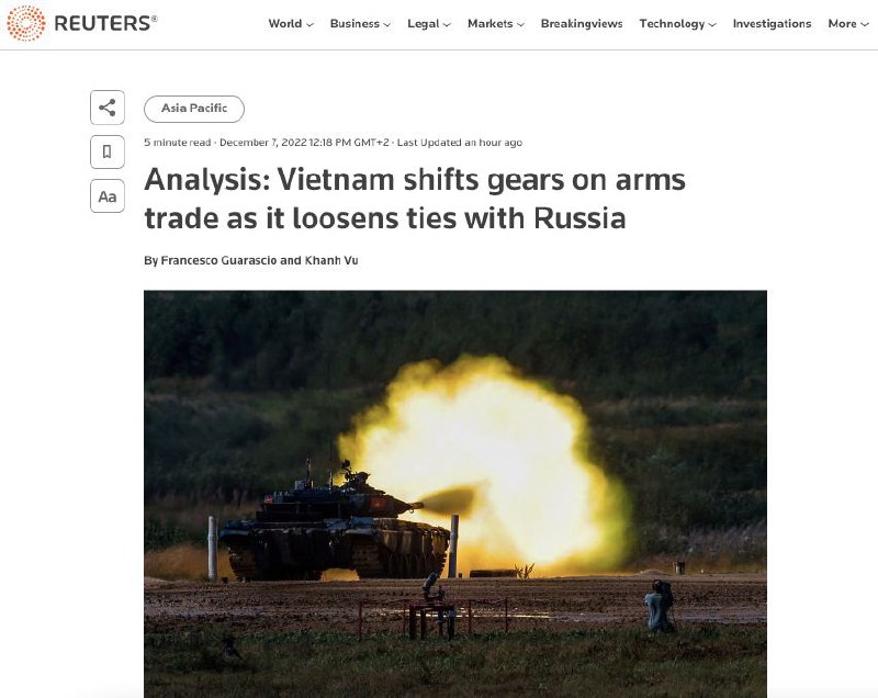Вьетнам отказывается от импорта оружия из России и может начать экспорт своего оружия в страны Африки, Азии и, потенциально, в РФ, - Reuters