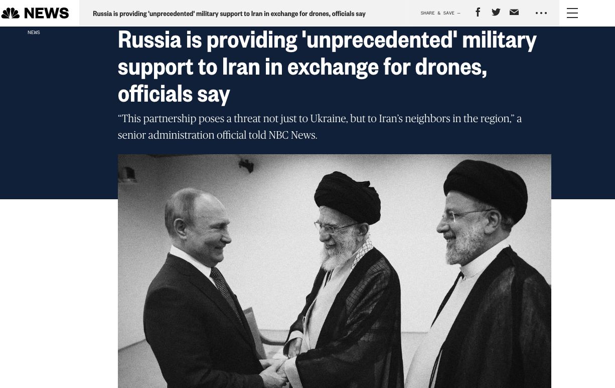 В обмен на дроны Россия поставляет Ирану «беспрецедентный уровень» военно-технической поддержки, включая вертолеты, системы ПВО и другие военные компоненты, - NBC News 