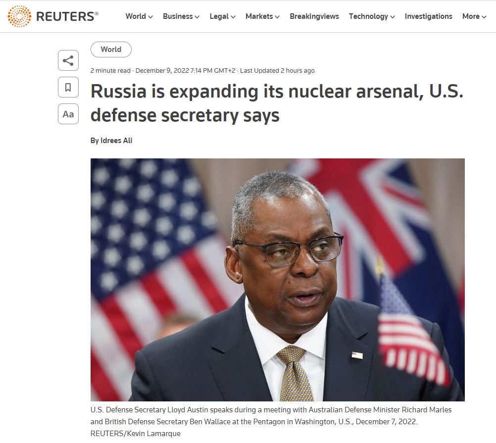 Россия расширяет свой ядерный арсенал, — Reuters со ссылкой на Министра обороны США Ллойда Остина
