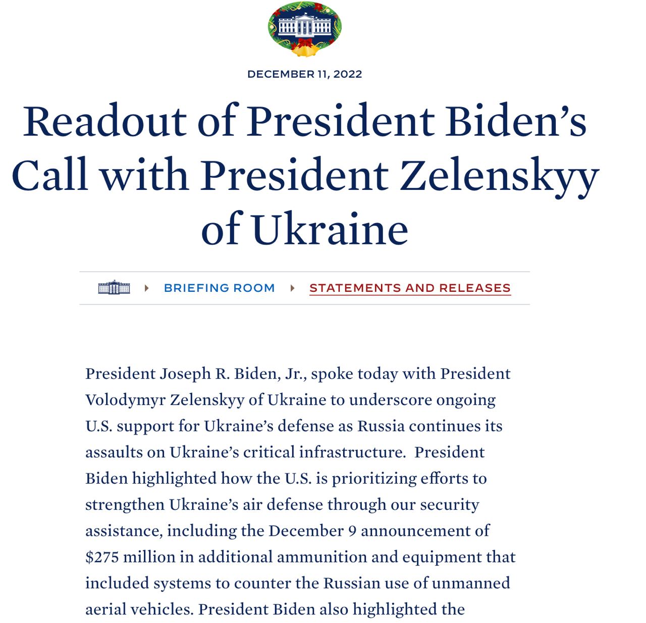Президент США Джо Байден подтвердил обязательства США продолжать оказывать Украине помощь в области безопасности, экономики и гуманитарной сферы, — сообщает официальный портал Белого дома