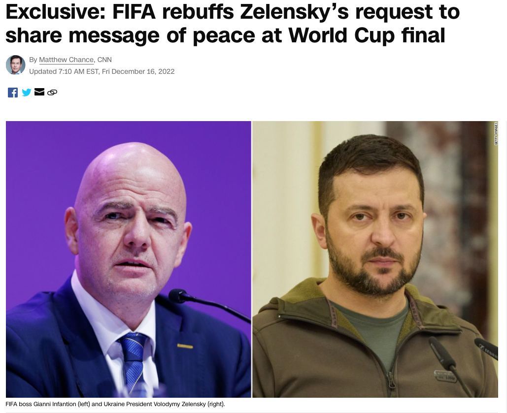 ФИФА отклонила просьбу Зеленского выступить по видеосвязи на финале Чемпионата Мира