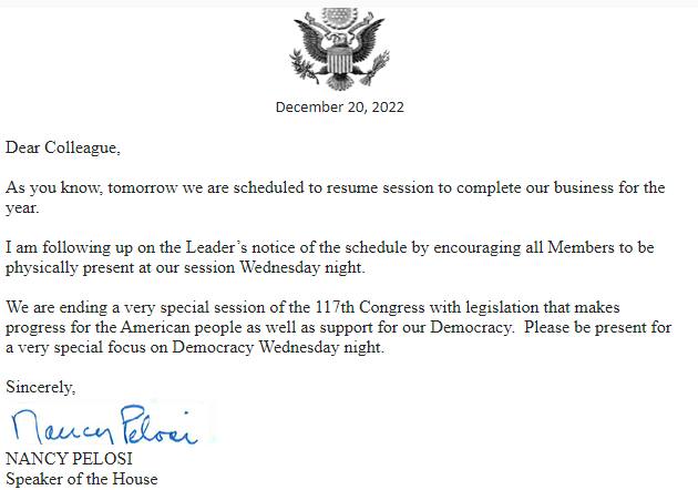 Спикер Палаты представителей США Нэнси Пелоси призвала членов Конгресса присутствовать на заседании сегодня
