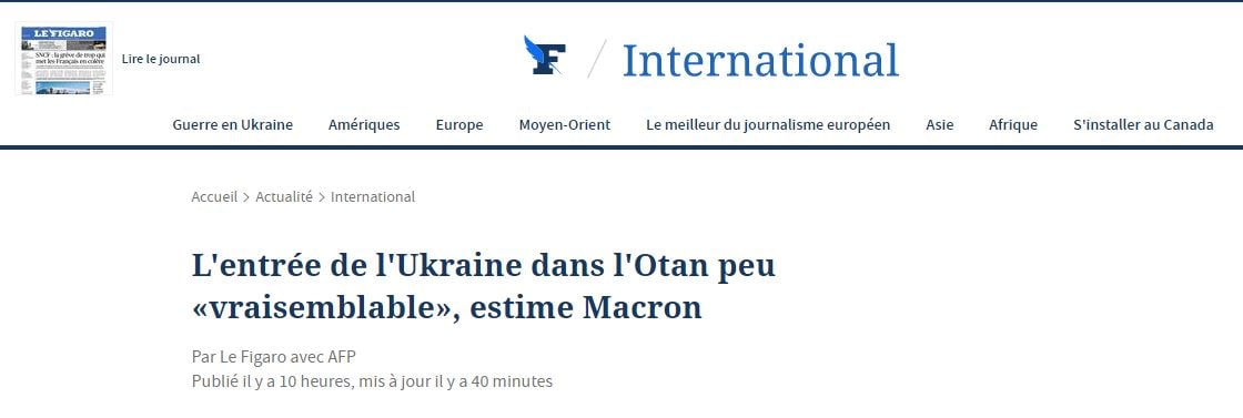 Макрон назвал вступление Украины в НАТО маловероятным из-за "позиции России", — Le Figaro