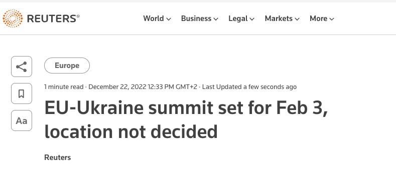В начале февраля 2023 года состоится саммит Украина-ЕС с участием Владимира Зеленского, председателя Евросовета Шарля Мишеля и главы Еврокомиссии Урсулы фон дер Ляйен, — Reuters
