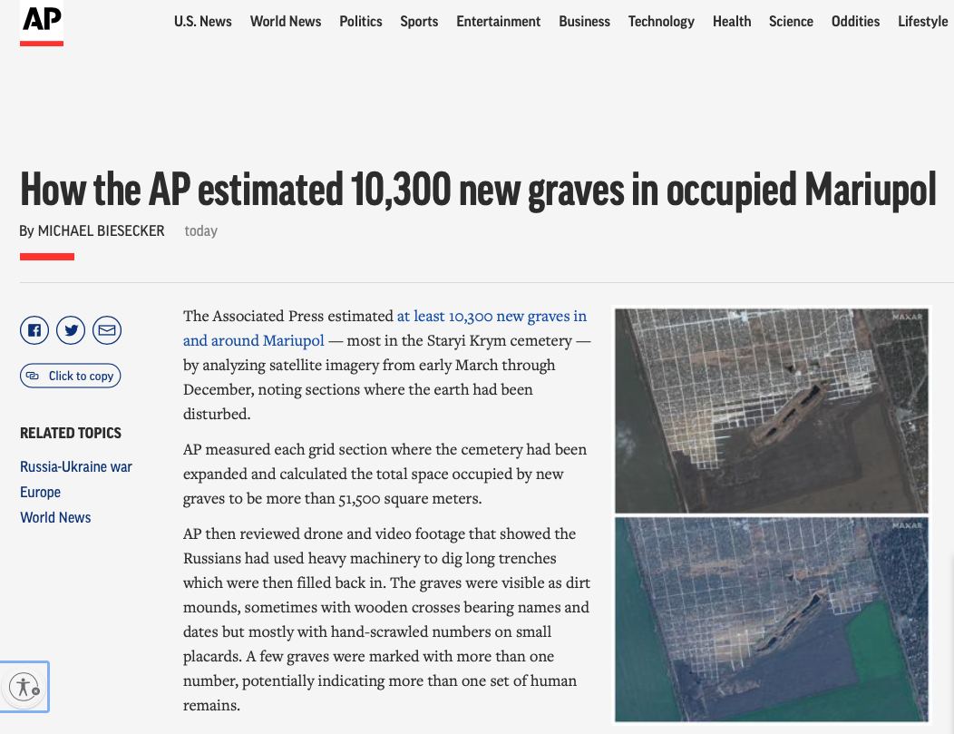 Associated Press сообщает, что с начала российского вторжения в Мариуполе появилось не менее 10 тысяч новых могил