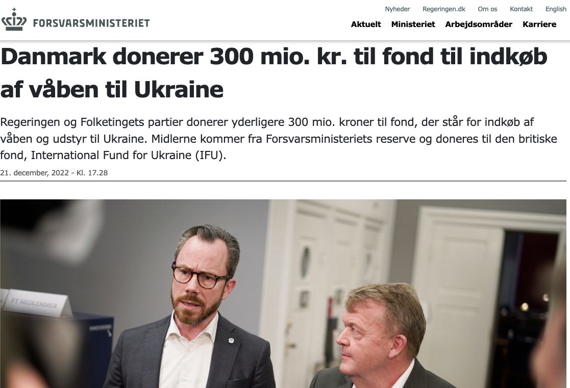 Дании выделила 300 миллионов датских крон (около $43 млн) для закупки оружия и оборудования для Украины