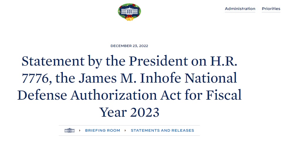 Президент США Джо Байден подписал проект оборонного бюджета на 2023 финансовый год объемом $858 млрд, — Белый Дом