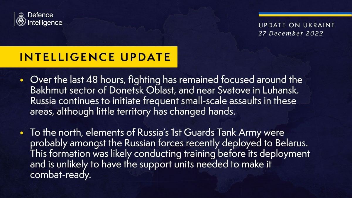 В течение последних 48 часов боевые действия в Украине по-прежнему были сосредоточены вокруг Бахмута и Сватово, сообщает британская разведка