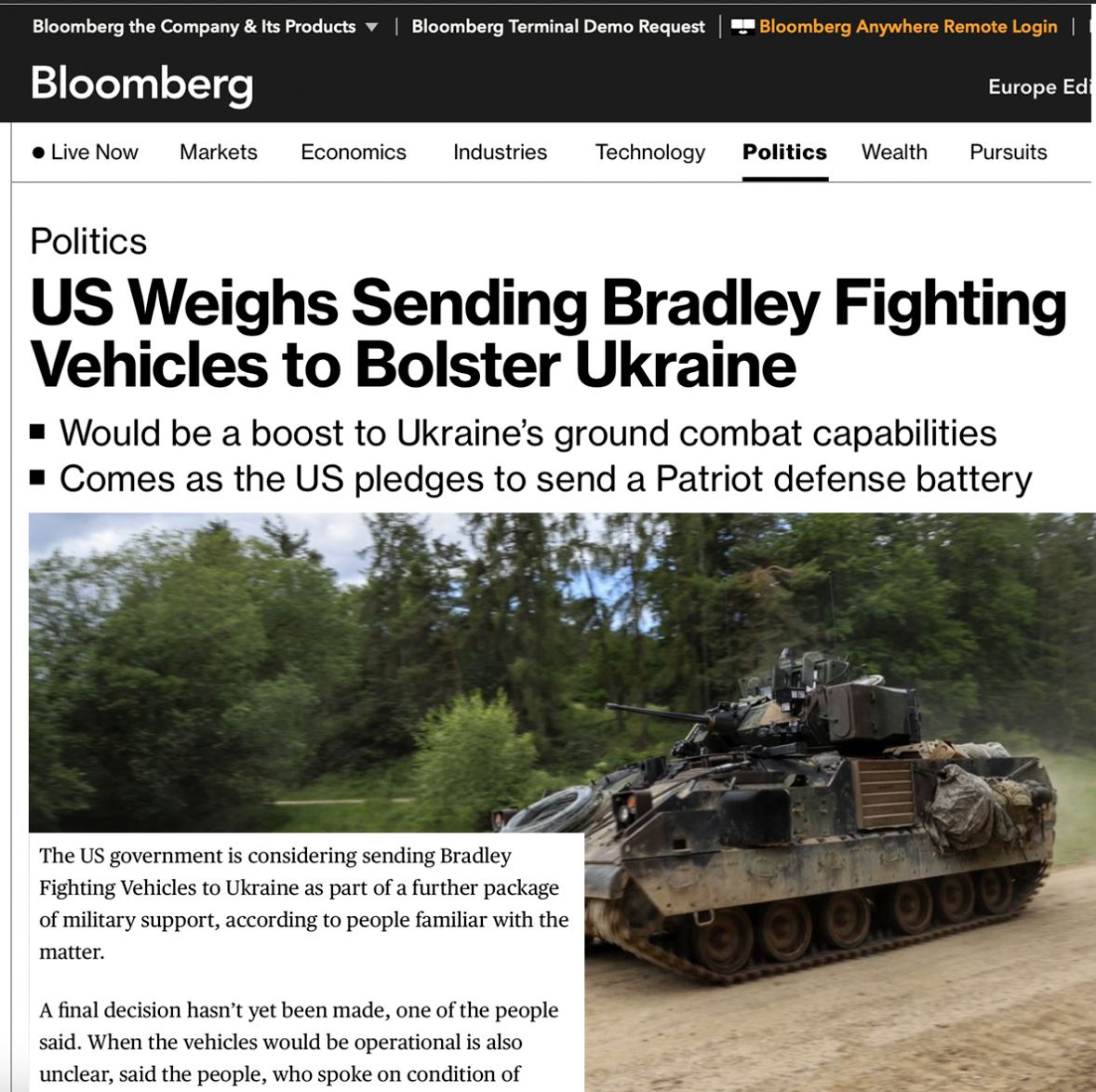 Правительство США рассматривает возможность отправить боевые машины M2 Bradley в Украину в рамках дальнейшей военной помощи, Bloomberg