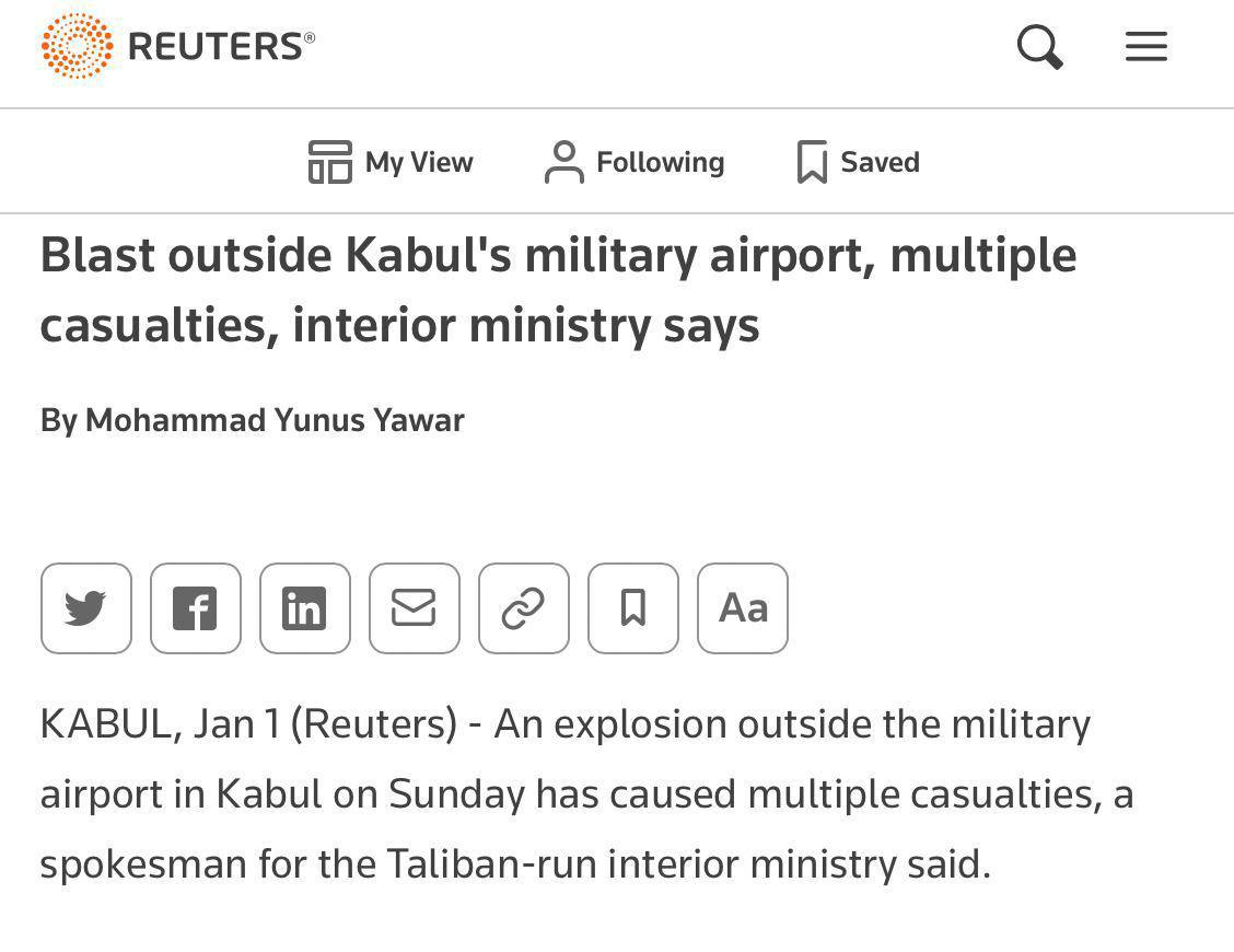⚡Сегодня в городе Кабул в Афганистане возле военного аэропорта произошел взрыв, жертвами которого стали 18 человек — Reuters