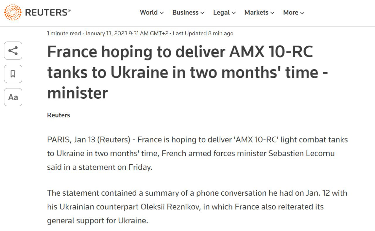 Франция надеется поставить в Украину танки AMX 10-RC в течение двух месяцев, - заявил министр обороны Франции Себастьен Лекорню, пишет Reuters