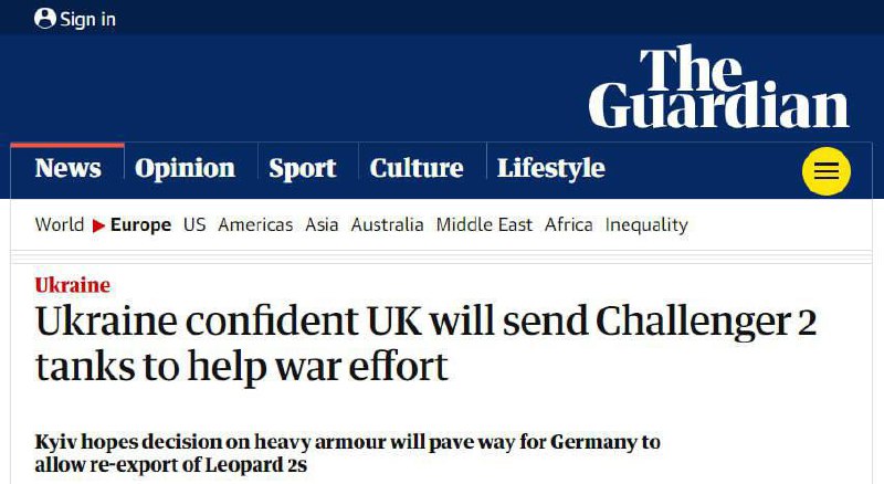 Правительство Великобритании в понедельник планирует заявить о решении передать Украине боевые танки Challenger 2, — The Guardian