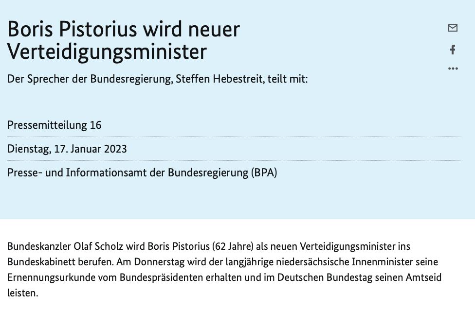 Борис Писториус будет приведён к присяге 19 января, сообщила пресс-служба правительства Германии
