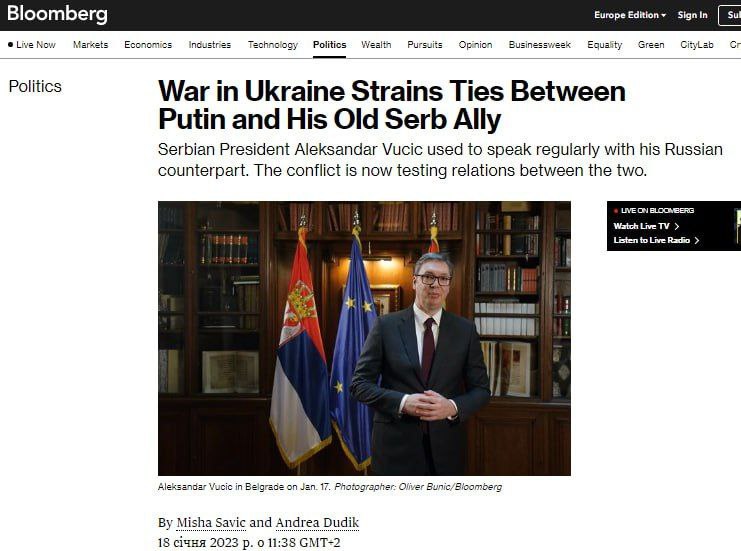 Президент Сербии Александар Вучич публично осудил вторжение России в Украину и подчеркнул, что Крым и Донбасс должны принадлежать Украине, — Bloomberg