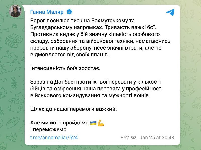 На Угледарском и Бахмутском направлениях идут тяжёлые бои, сообщила замминистра обороны Украины Анна Маляр 