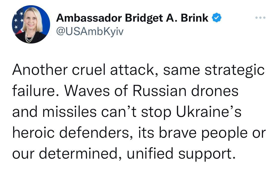 🇺🇸🫂Посол США Бриджит Бринк прокомментировала российскую ракетную атаку по Украине