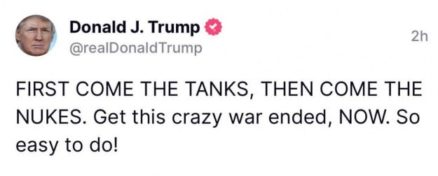 «Сначала танки, потом ядерное оружие», - экс-президент США Дональд Трамп заявил, что после того, как Запад поставит Украине танки, война может разгореться до ядерных ударов