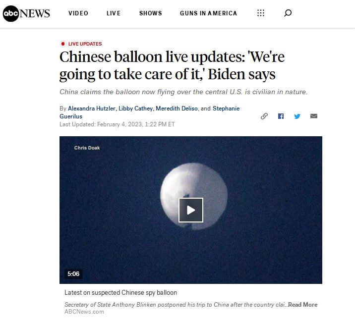 США закрыли часть воздушного пространства над Северной Каролиной и Южной Каролиной на фоне ситуации с китайским «разведывательным шаром», - ABC News