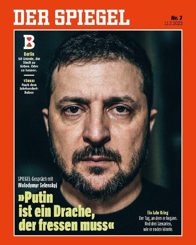 Обложка свежего немецкого журнала Spiegel с цитатой Владимира Зеленского: «Путин – это дракон, которому нужно есть»