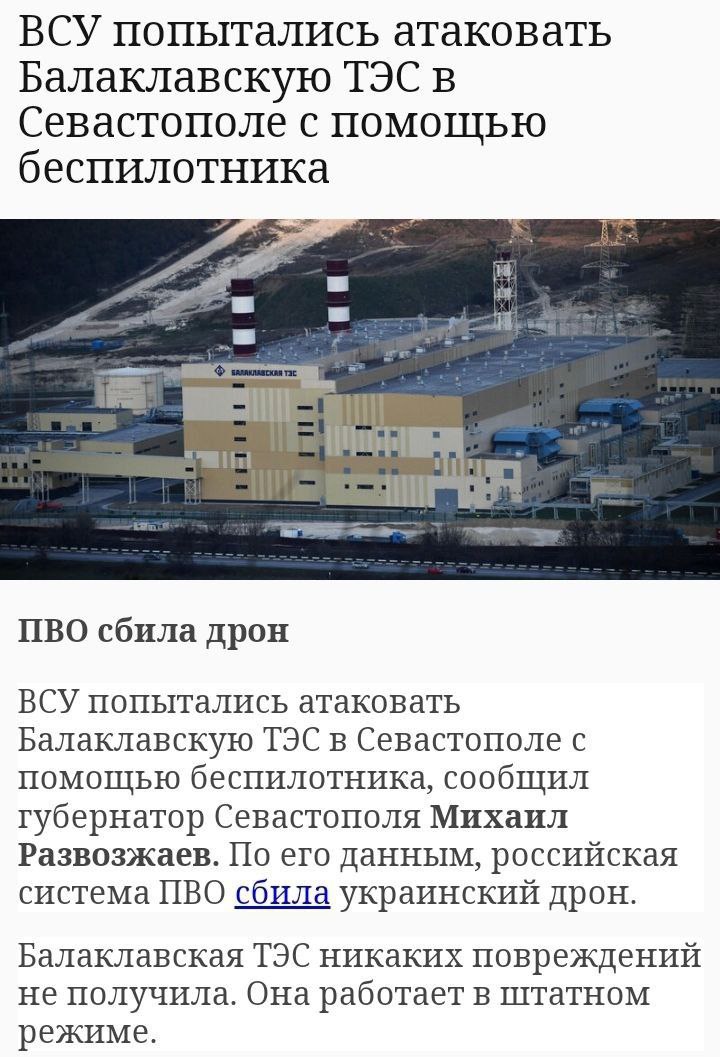 Оккупационные власти Крыма заявили о сбитии украинского беспилотника в районе Балаклавской ТЭС возле Севастополя