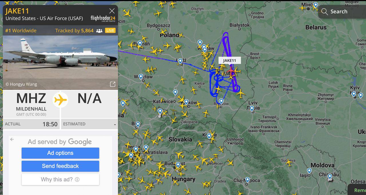 Сьогодні вздовж україно-польського кордону курсує американська стратегічна розвідувальна авіація