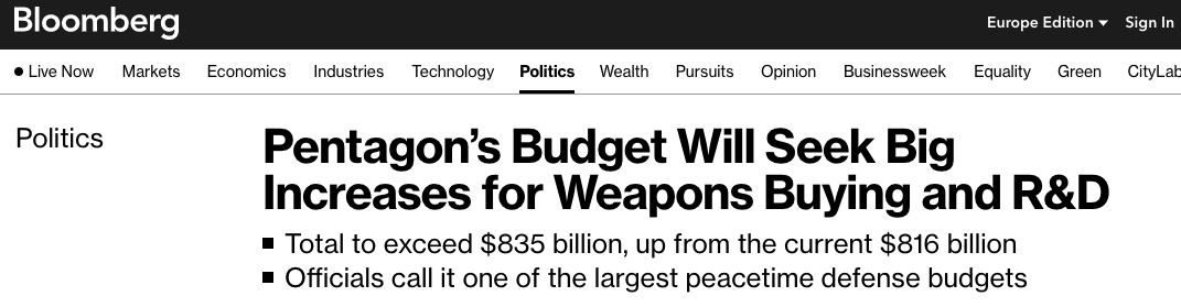Бюджет Пентагона будет включать рекордную сумму на закупку вооружения и превысит $835 млрд, - Bloomberg