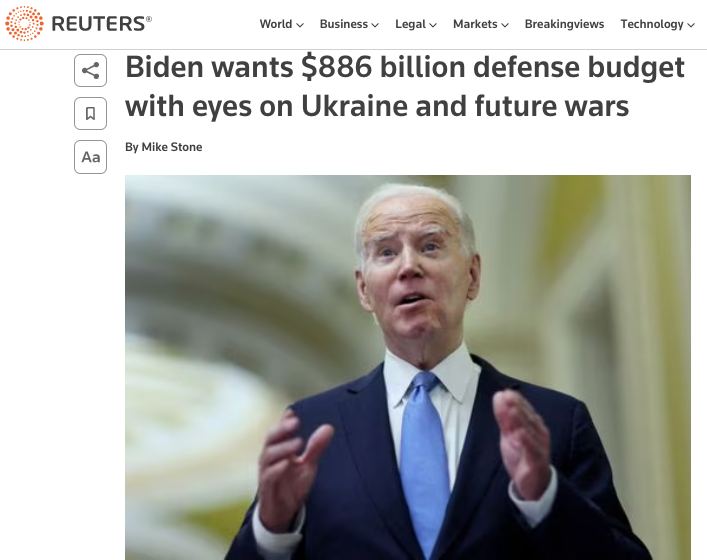Байден хочет, чтобы Конгресс одобрил рекордный со времен Второй мировой войны оборонный бюджет США на сумму $886 млрд на 2024 год, - Reuters
