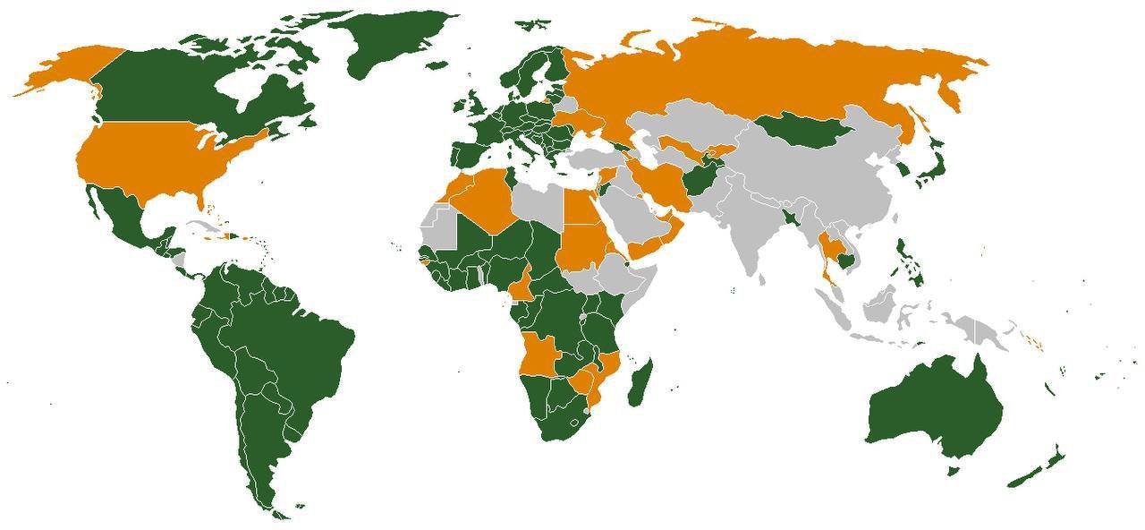 Страны, в которых путина могут арестовать, указаны зеленым цветом