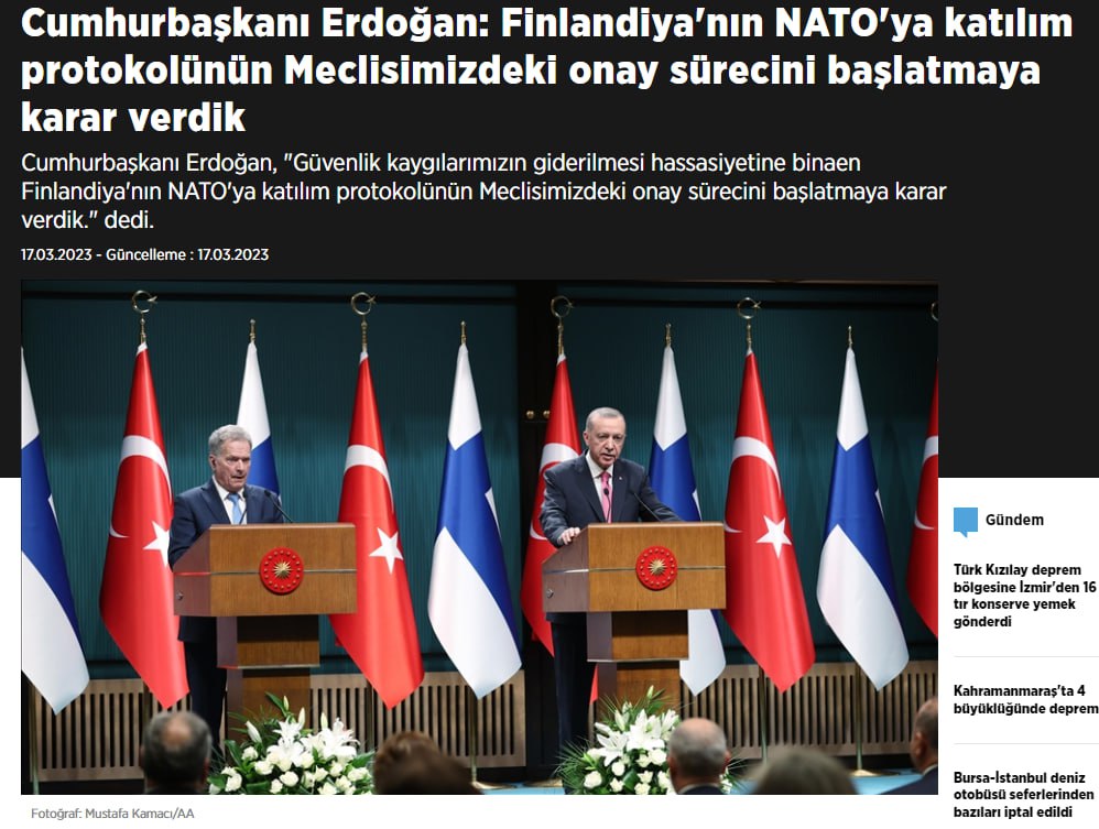 Турция начинает процесс ратификации членства Финляндии в НАТО