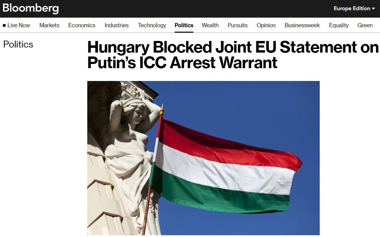 Венгрия заблокировала совместное заявление ЕС по поводу ордера на арест Путина — Bloomberg
