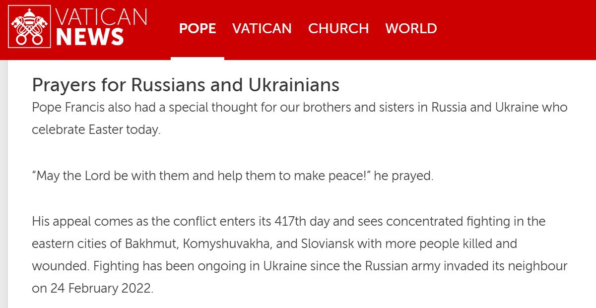 Папа римский Франциск обратился к украинцам и россиянам в православную Пасху и призвал достичь скорейшего мира