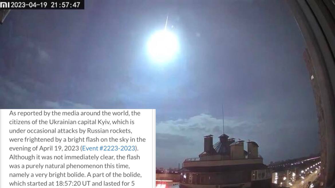 Яскравий спалах, який бачили в небі над Києвом увечері 19 квітня, був викликаний падінням метеора діаметром півметра та масою 200-300 кг, — Міжнародна метеорна організація