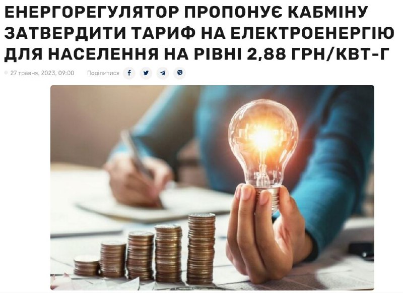 НКРЕКП офіційно запропонувала затвердити з 1 червня єдиний тариф на електроенергію для населення на рівні 2,88 грн/кВт-год, — Інтерфакс Україна