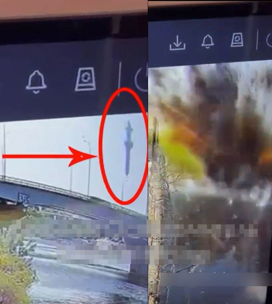 Тим часом у мережі публікують момент потрапляння ракети у воду поруч із Гаванським мостом у Києві, що веде на острів, де розташована одна з будівель ГУР