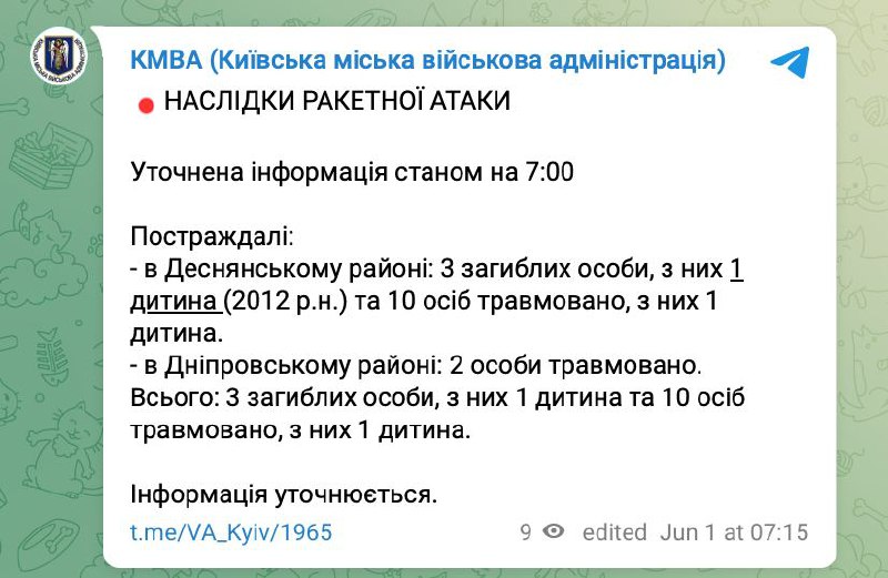 По уточненной информации по состоянию на 7:00 о КГВА от ночной атаки россиян погибло три человека, из них 1 ребенок и 10 человек травмированы, из них 1 ребенок
