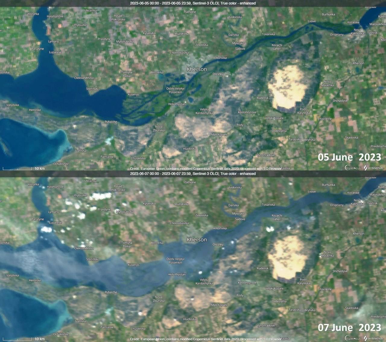 Спутниковые снимки разлива Днепра до