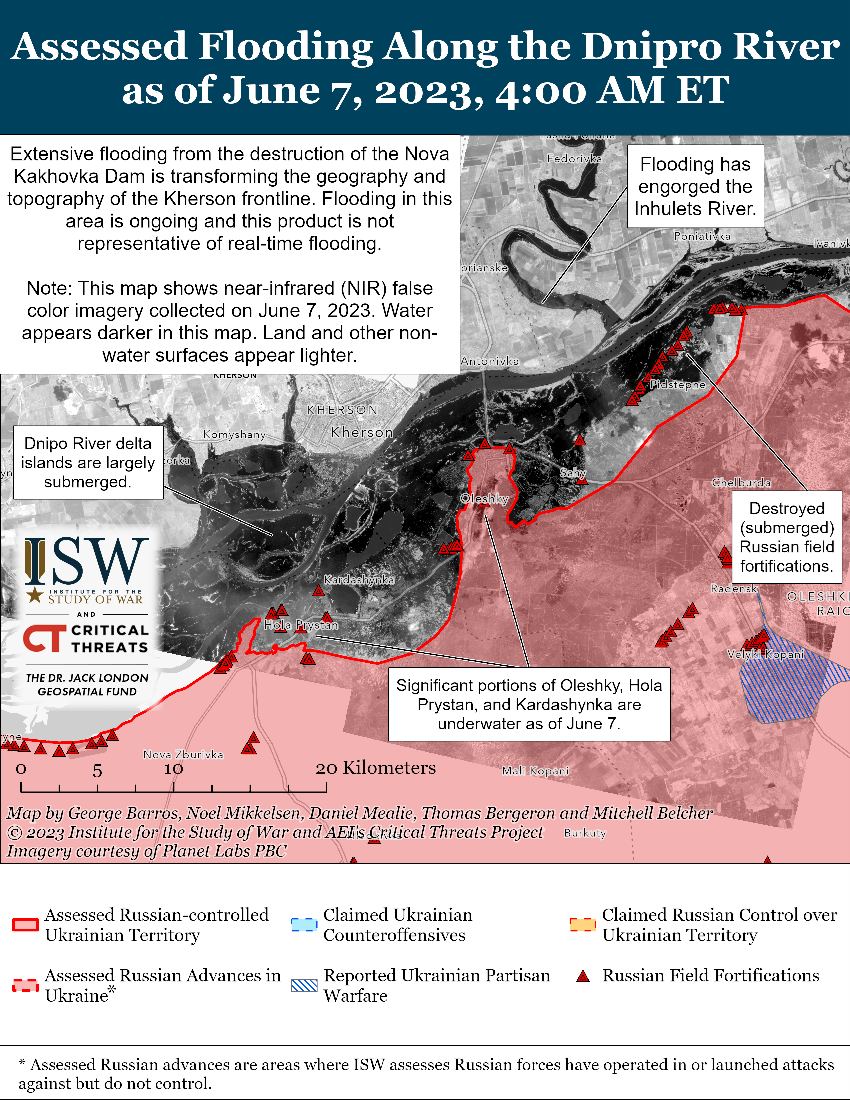 Подрыв плотины Каховской ГЭС привело к разрушению первой линии обороны оккупантов в Голой Пристани и Олешках, - ISW
