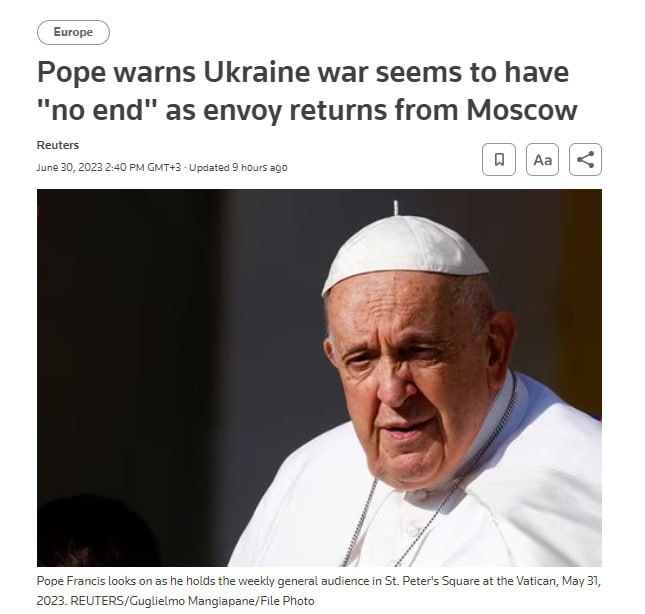 Папа Римский Франциск заявил, что войне в Украине, похоже, не будет конца, - пишет Reuters