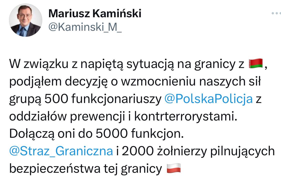 На кордон із Білоруссю, Польща  підтягує додатково 500 поліцейських до 5000 прикордонників та 2000 військових - Глава МВС Польщі