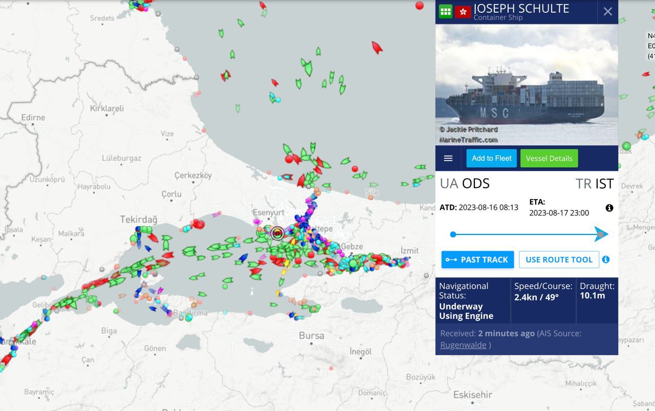 Судно, которое первым вышло из одесского порта через временный морской коридор, уже в Стамбуле, - данные Marine Traffic