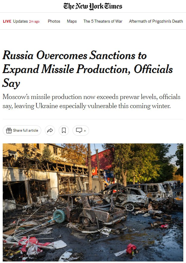 Росії вдалося наростити виробництво ракет, незважаючи на західні санкції, що «може означати особливо темну та холодну зиму для громадян України», — The New York Times